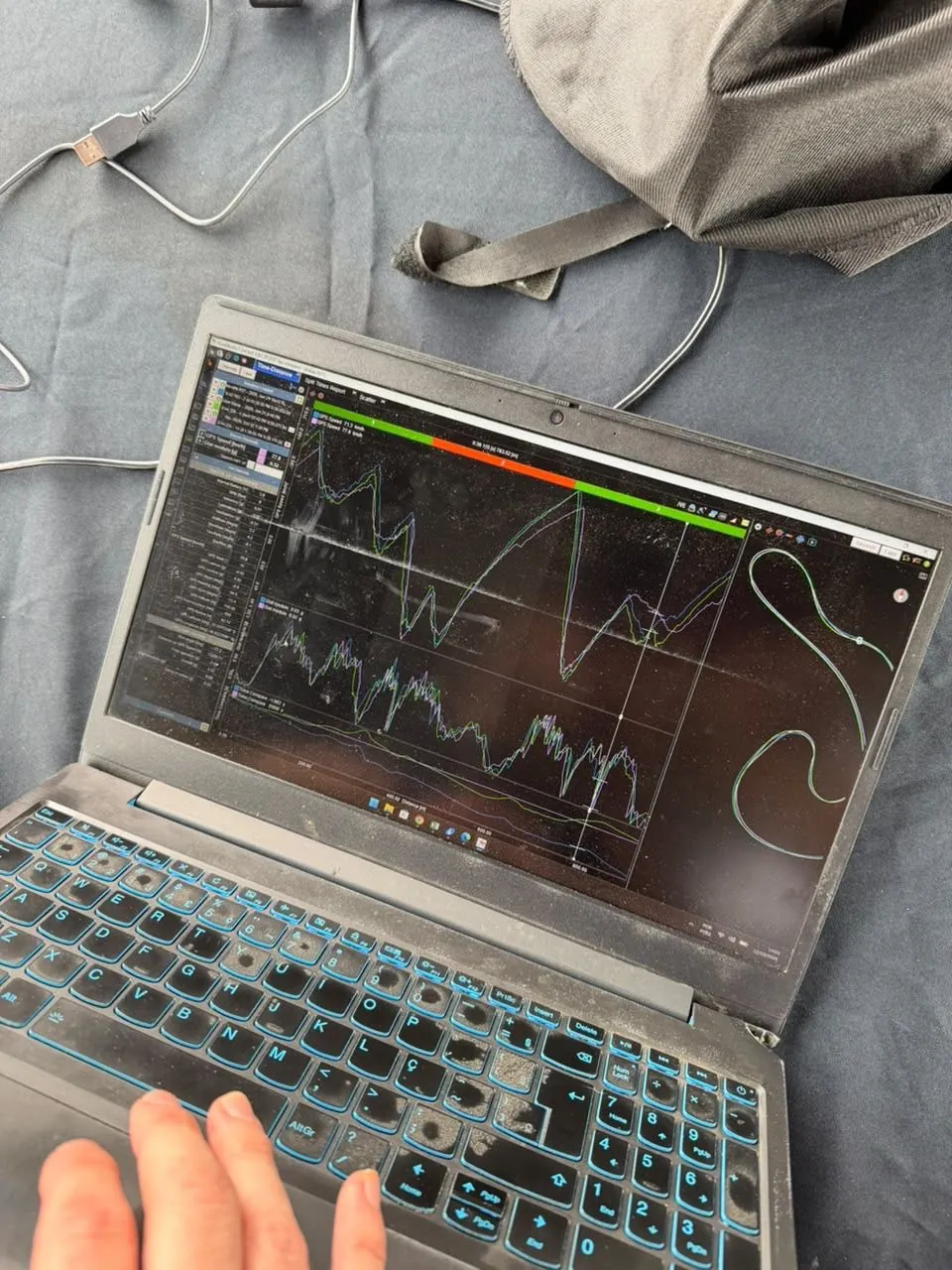 Notebook com gráficos de análise de dados de pilotagem e o traçado da pista
