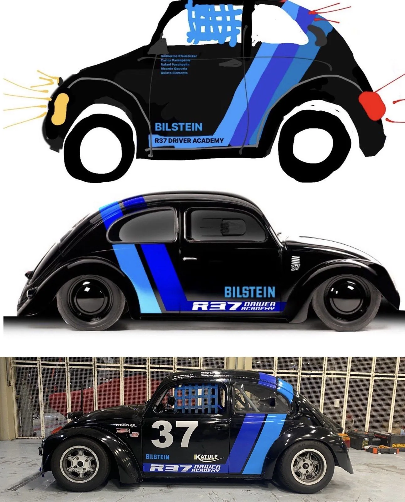 Três etapas da livery do Fusca 37: o rascunho feito no celular, a versão no Photoshop e o carro adesivado com o número 37 nos boxes de Interlagos